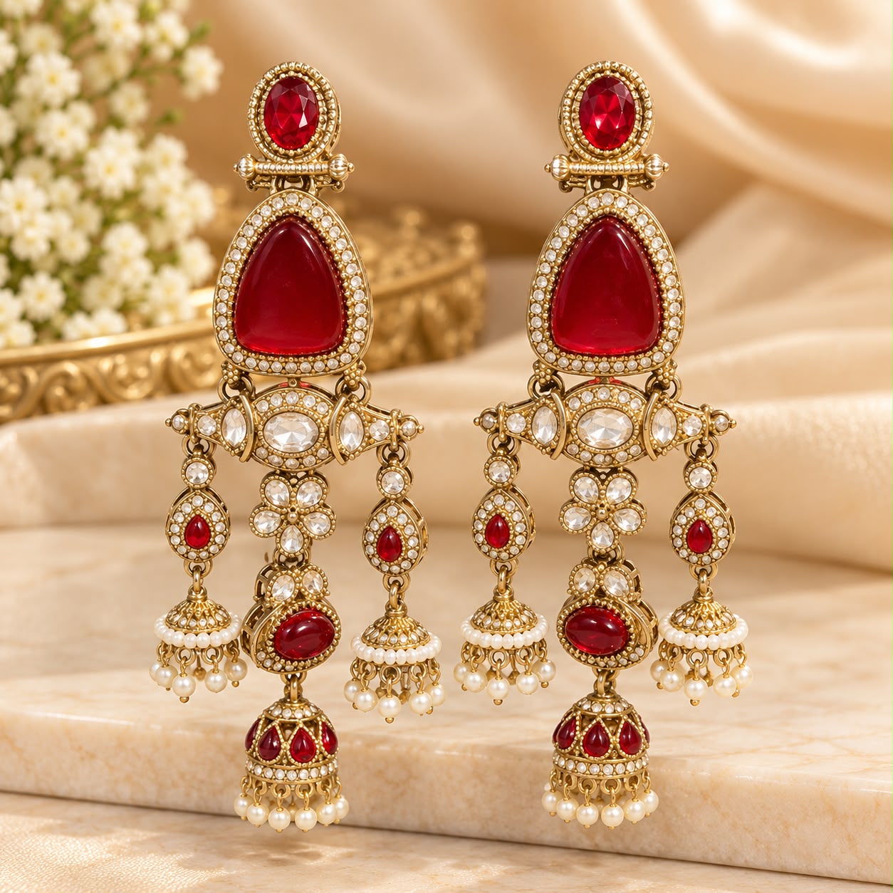 Ruby Red Stone Pearl Drop Long Earrings