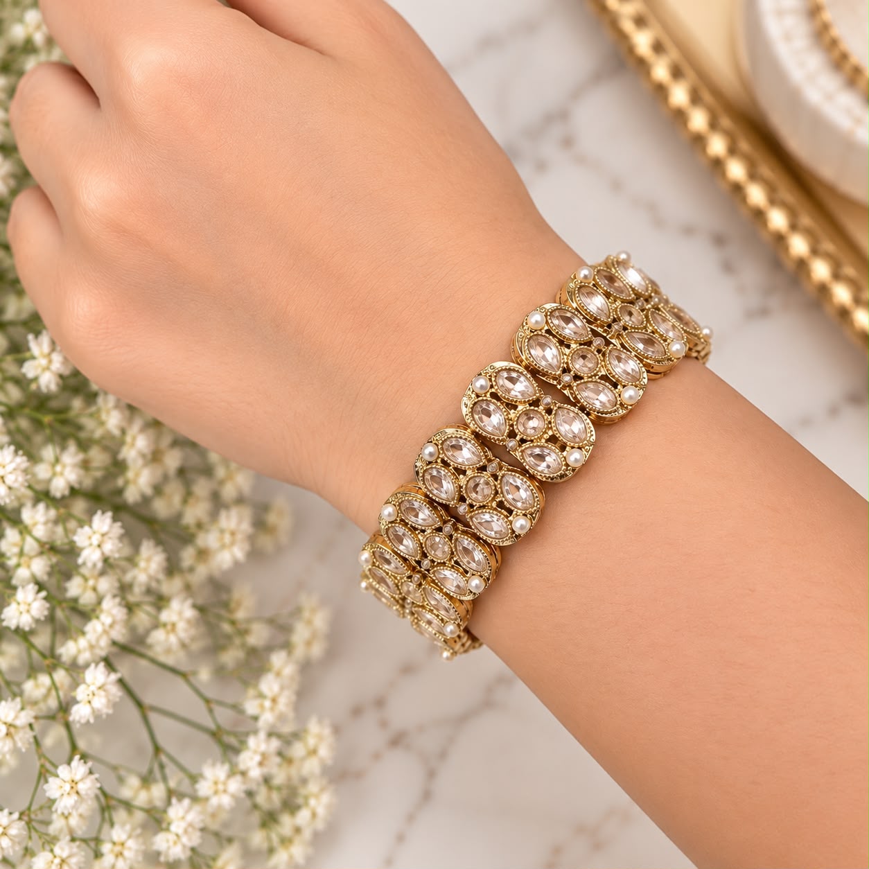 Royal Floral Crystal & Pearl Gold-Tone Bracelet