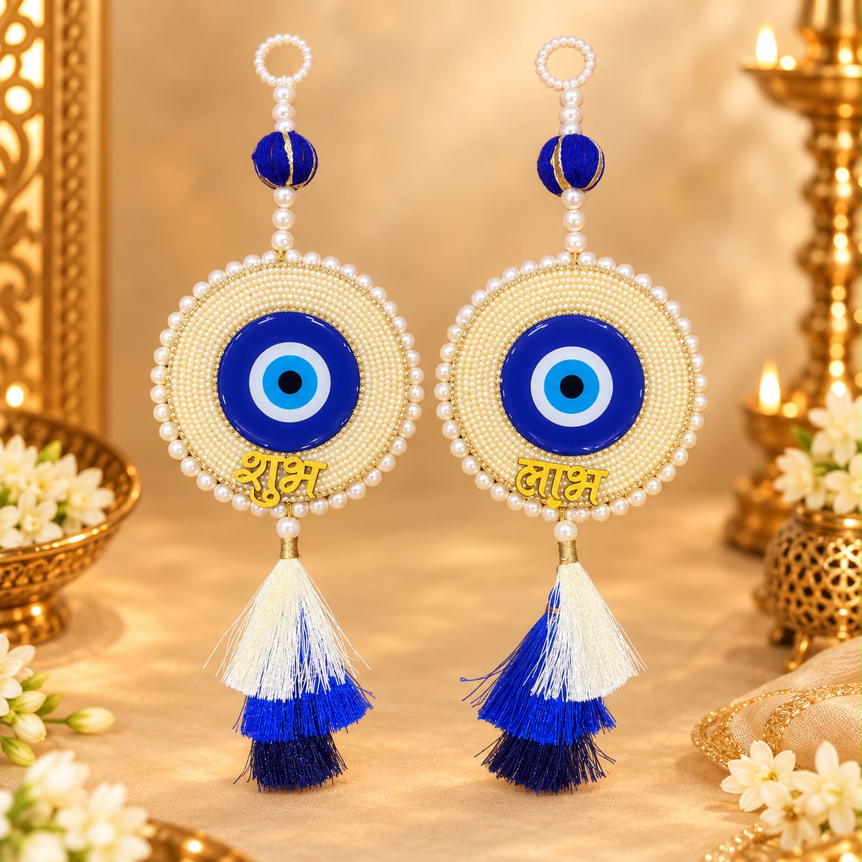 Blue & White Shubh Labh Evil Eye Decorative Hanging Toran