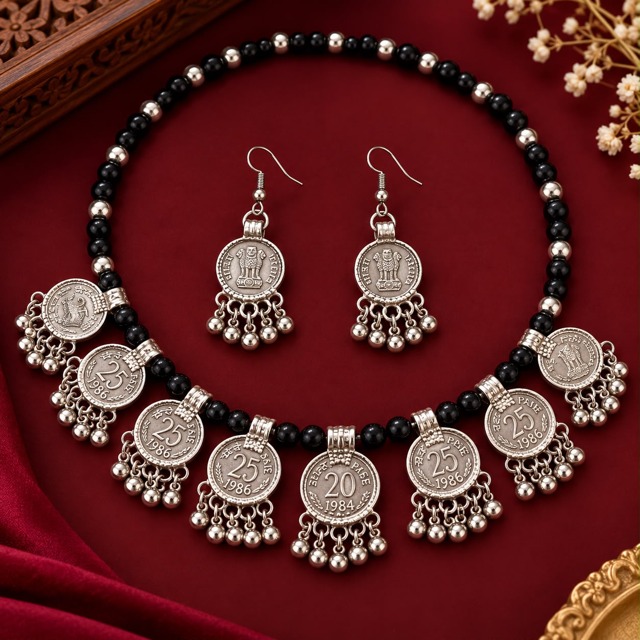 Black Beaded Coin Charm Necklace Set with Earrings