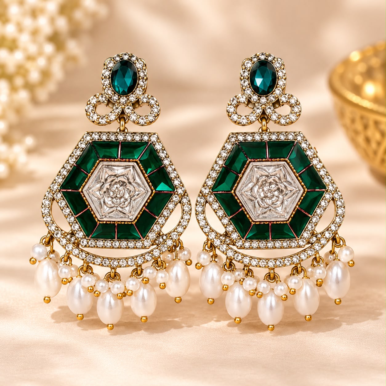 Emerald Green Geometric Pearl Drop Earrings