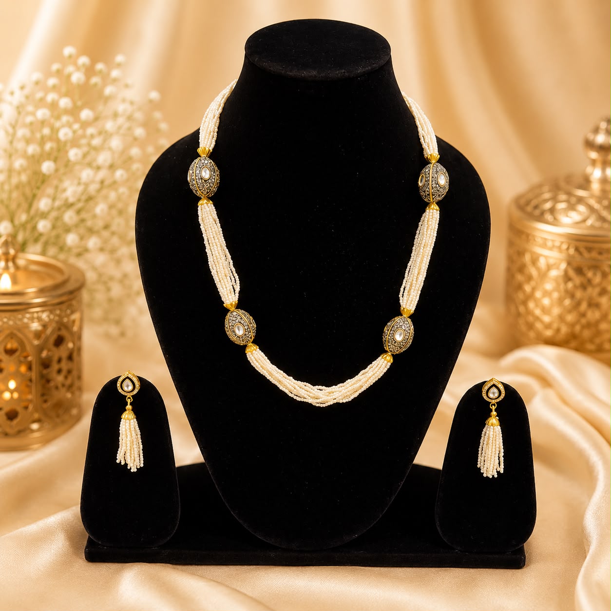 Product Name: Pearl Beaded Statement Necklace Set with Kundan Accents
