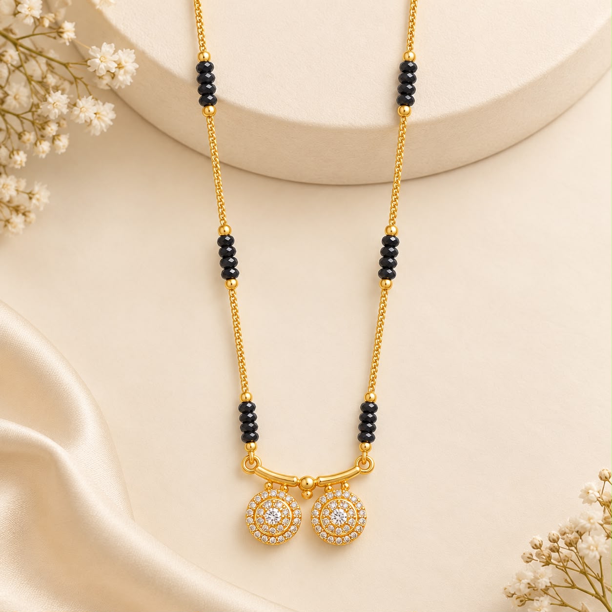 Elegant Gold-Plated Black Beads Mangalsutra with CZ Pendant