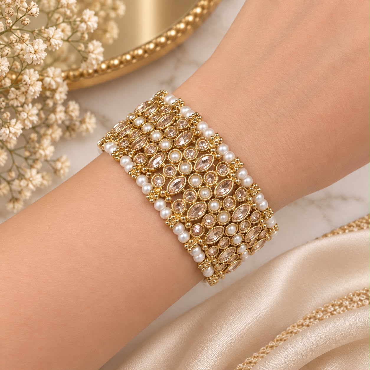 Royal Pearl & Kundan Crystal Broad Bracelet
