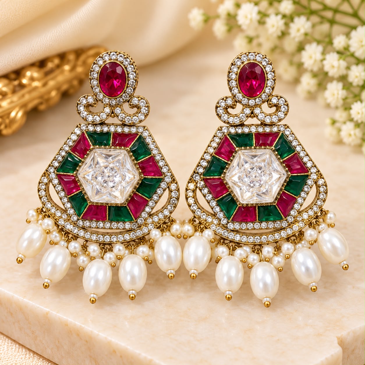 Ruby Green Geometric Pearl Drop Earrings