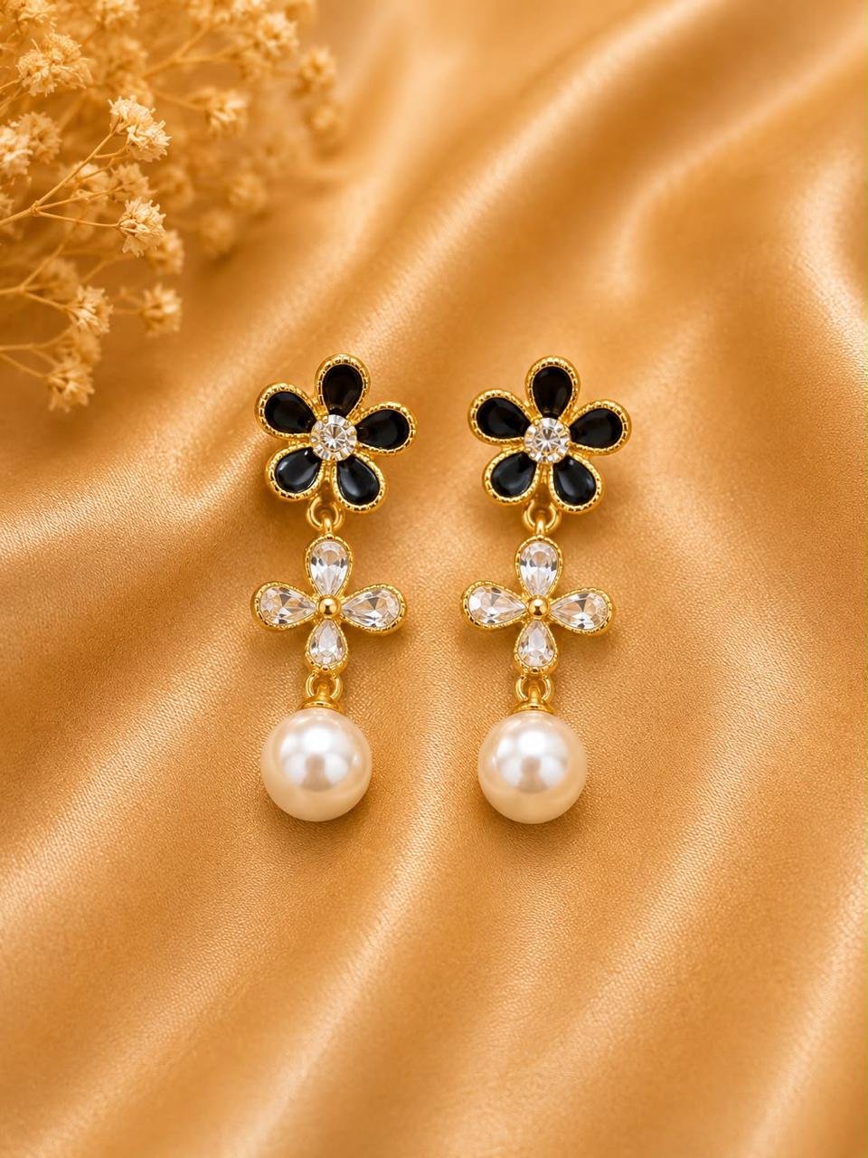 Product Name: Black & White Floral Pearl Drop Earrings