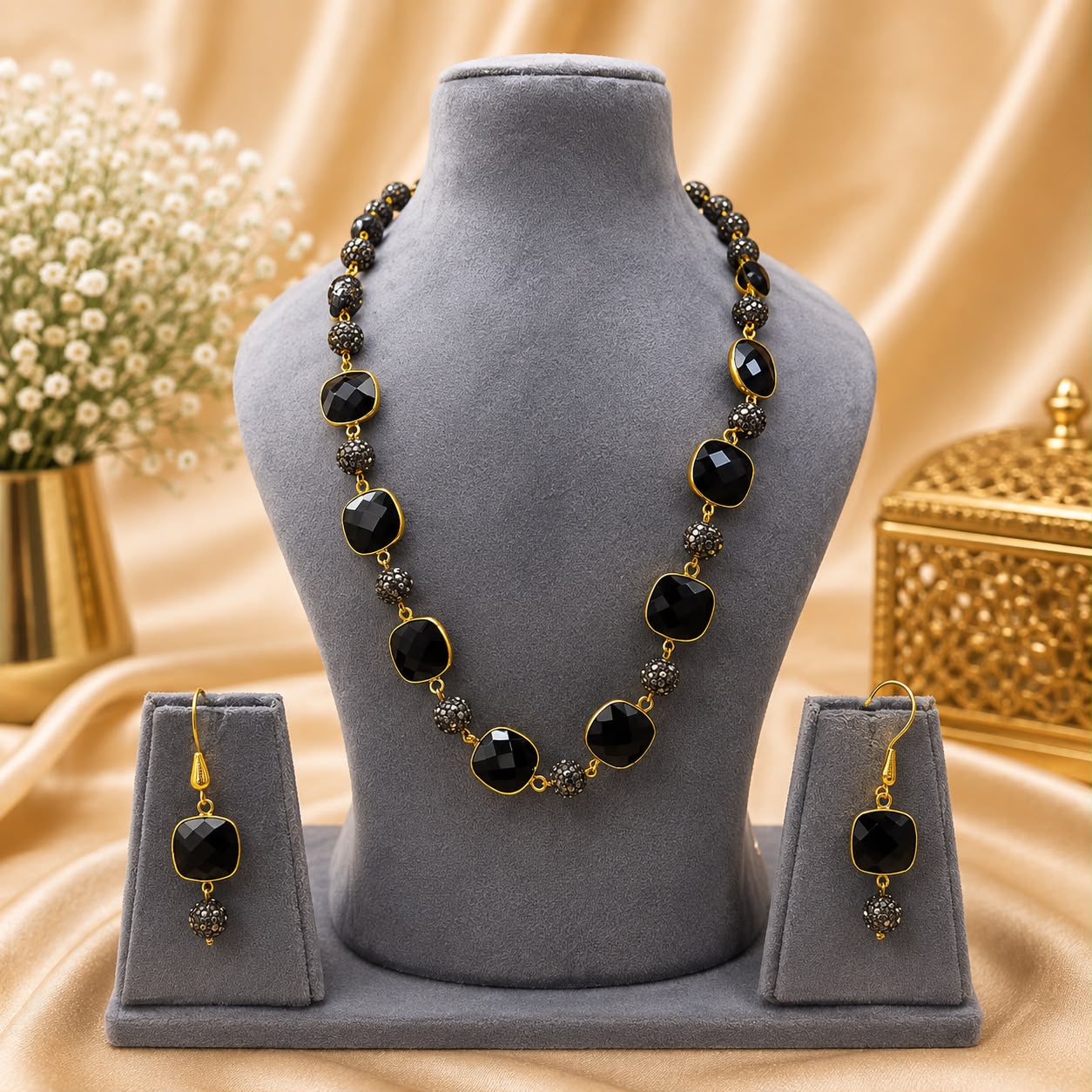 Black Onyx Designer Necklace Set with Earrings