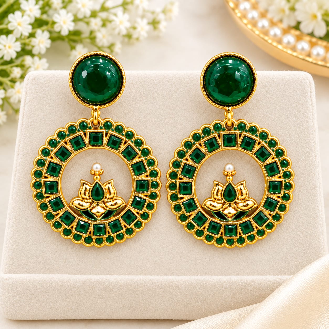 Emerald Green Lotus Statement Earrings