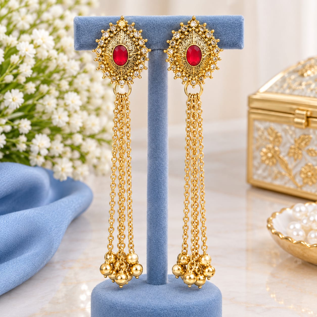 Product Name: Ruby Red Long Chain Statement Earrings