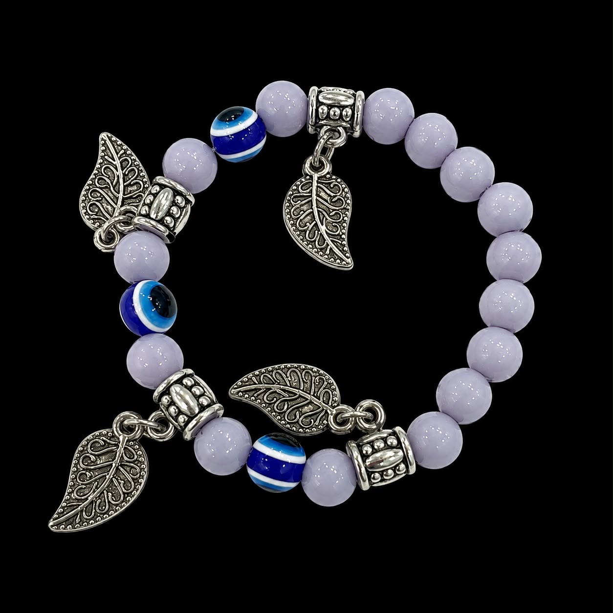 Evil Eye Leaf Charm Beaded Bracelet – Lavender