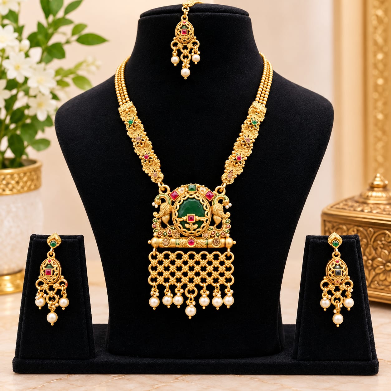 Product Name: Royal Green Kundan Peacock Pendant Necklace Set