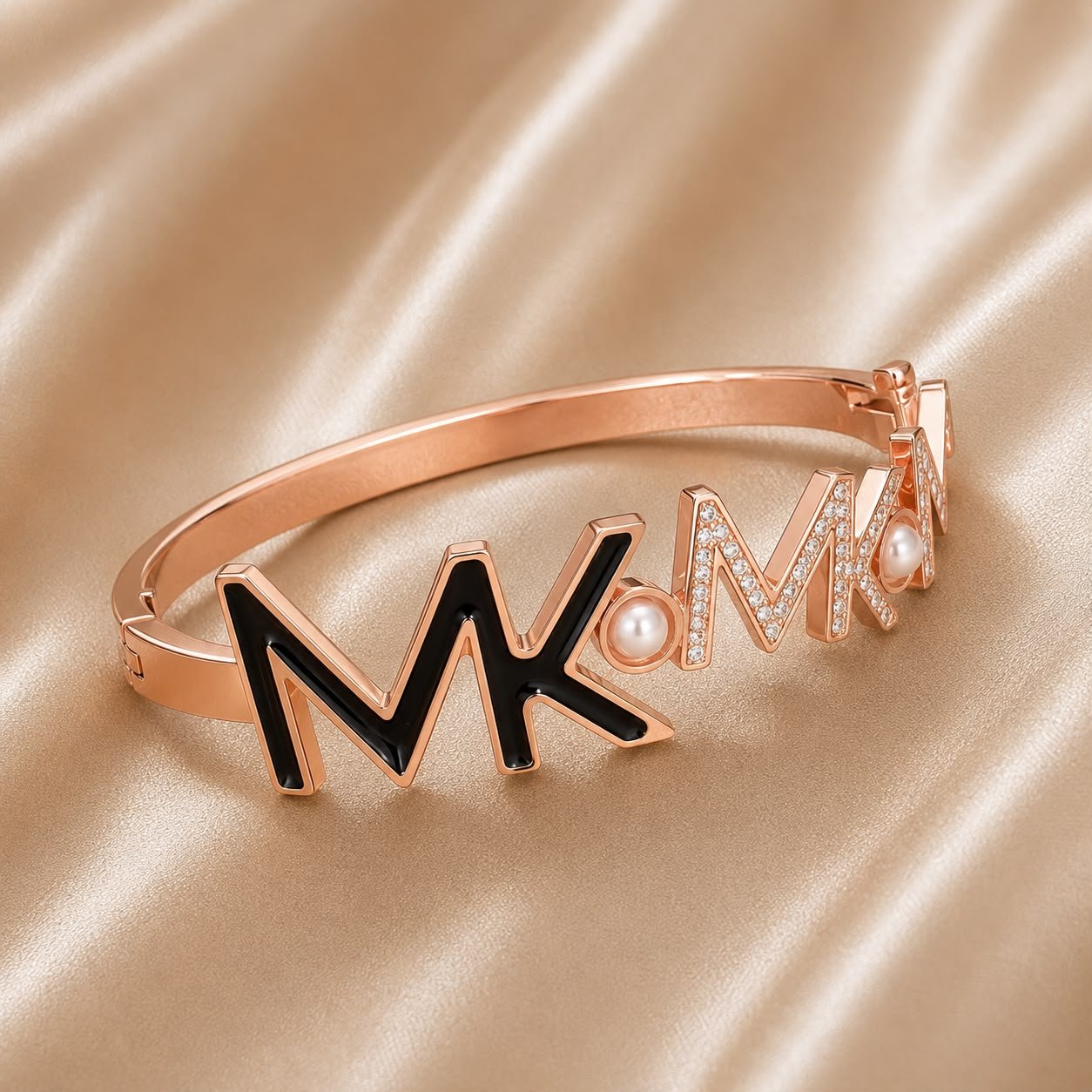 Rose Gold Black Letter Pearl Crystal Bracelet