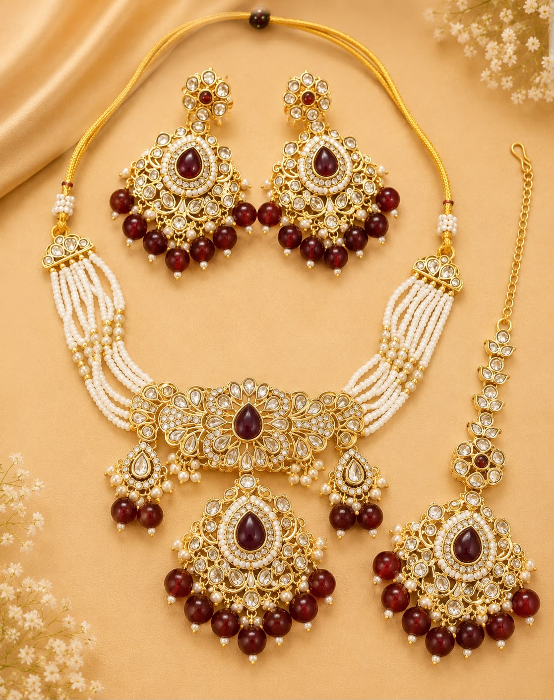 Maroon Kundan Pearl Choker Set with Earrings & Maang Tikka