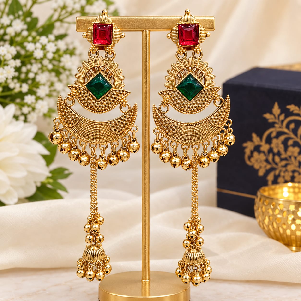 Product Name: Gold-Tone Green & Ruby Kundan Jhumka EarringsSKU