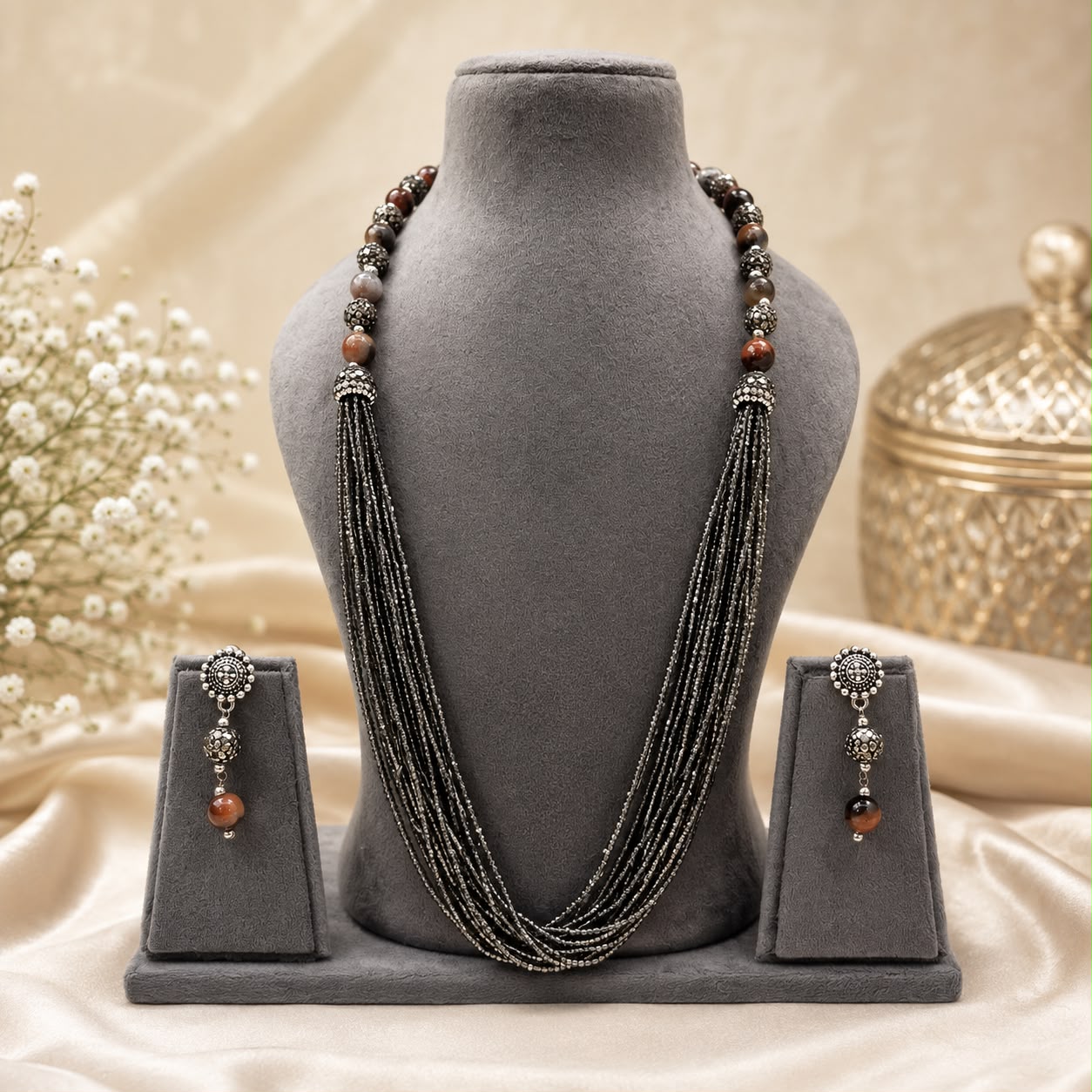 Black Crystal Multi-Layer Necklace Set with Earrings