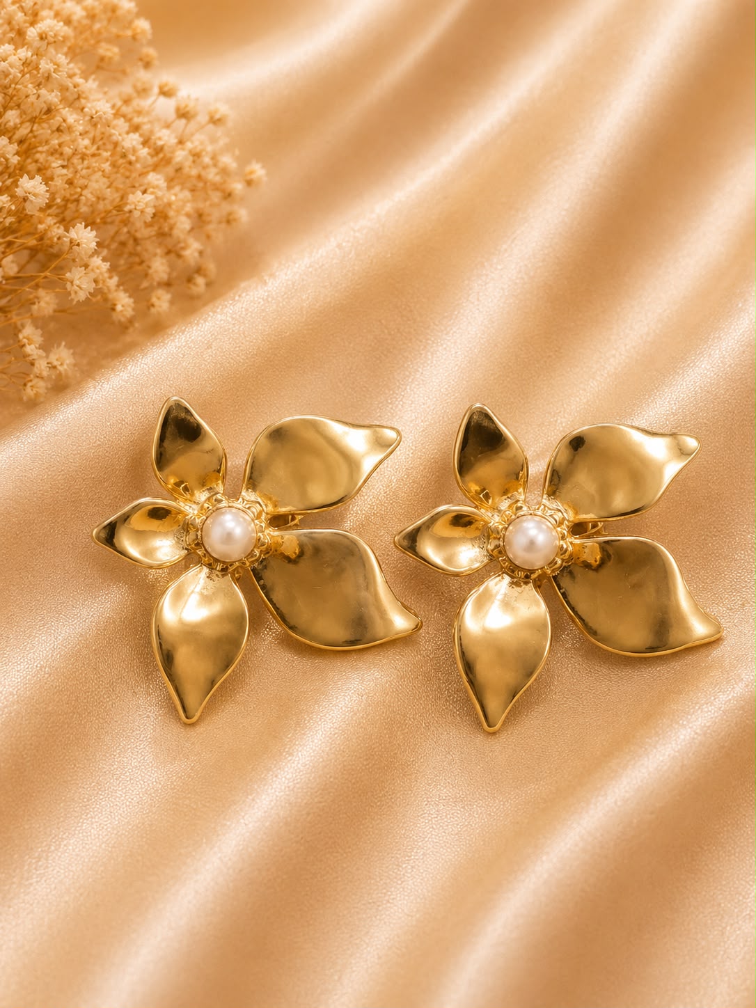 Golden Pearl Floral Statement Earrings