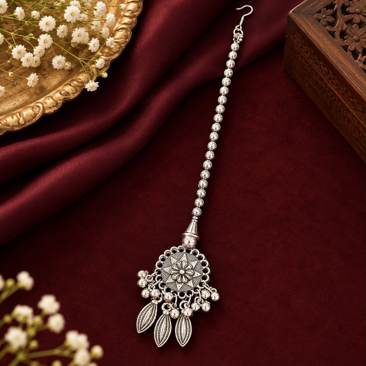 Antique Floral Oxidised Maang Tikka