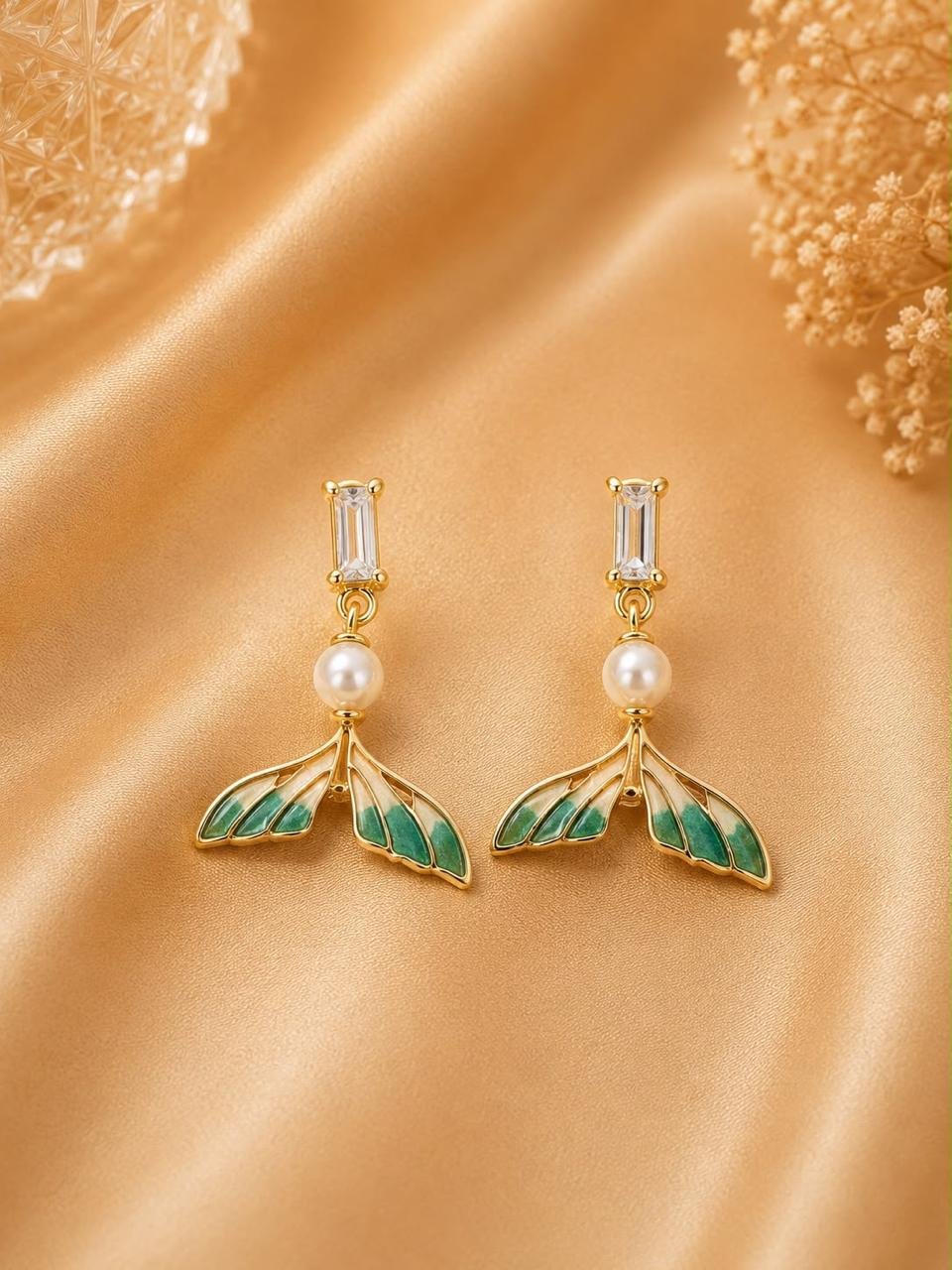 Emerald Leaf Pearl Drop Earrings