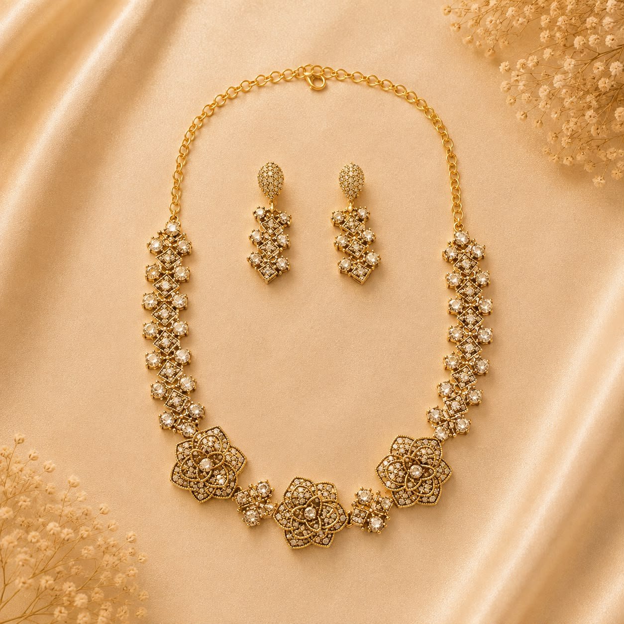 Product Name: Golden Floral Crystal Necklace & Earrings Set
