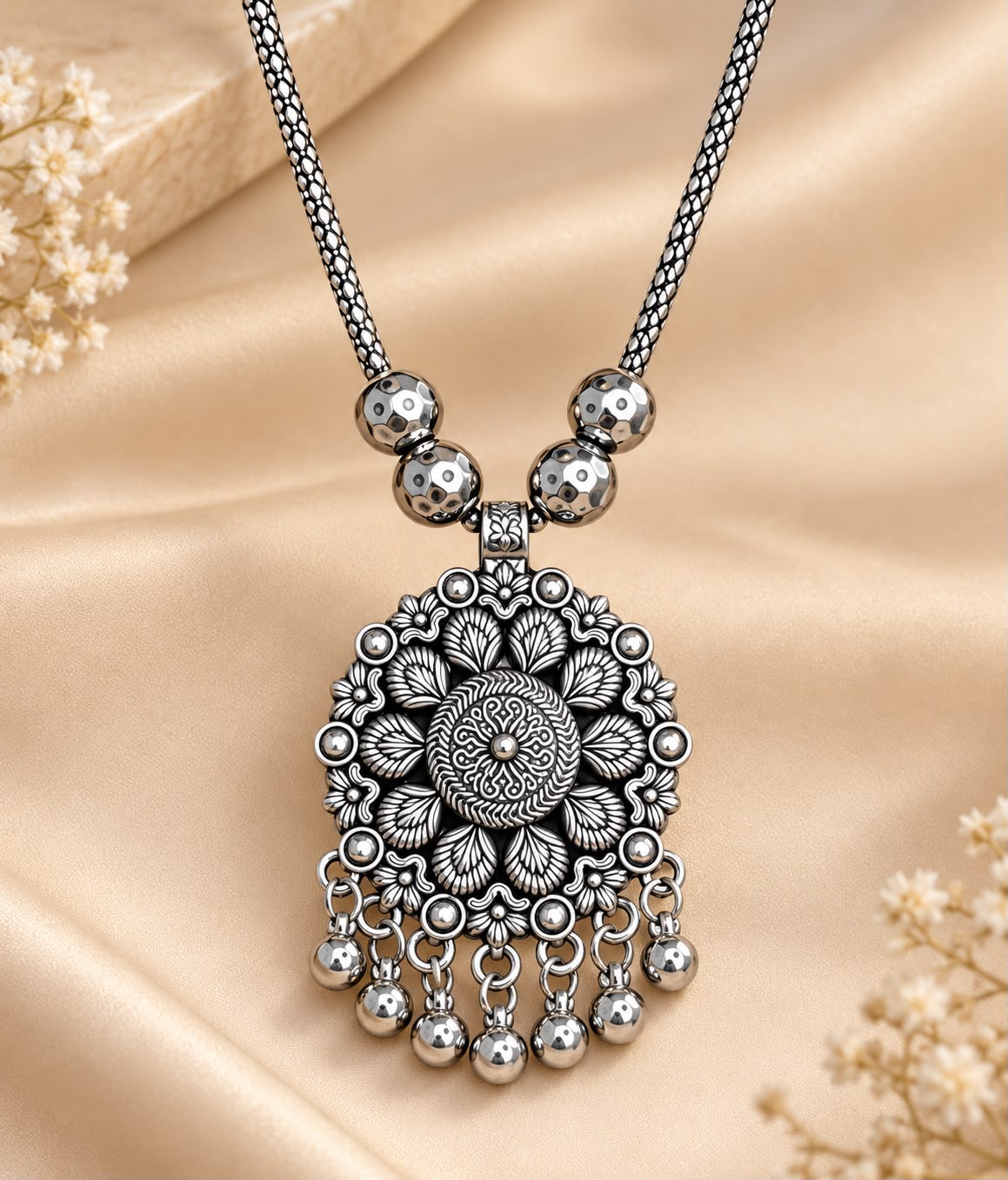 Oxidised Silver Floral Motif Statement Pendant Necklace