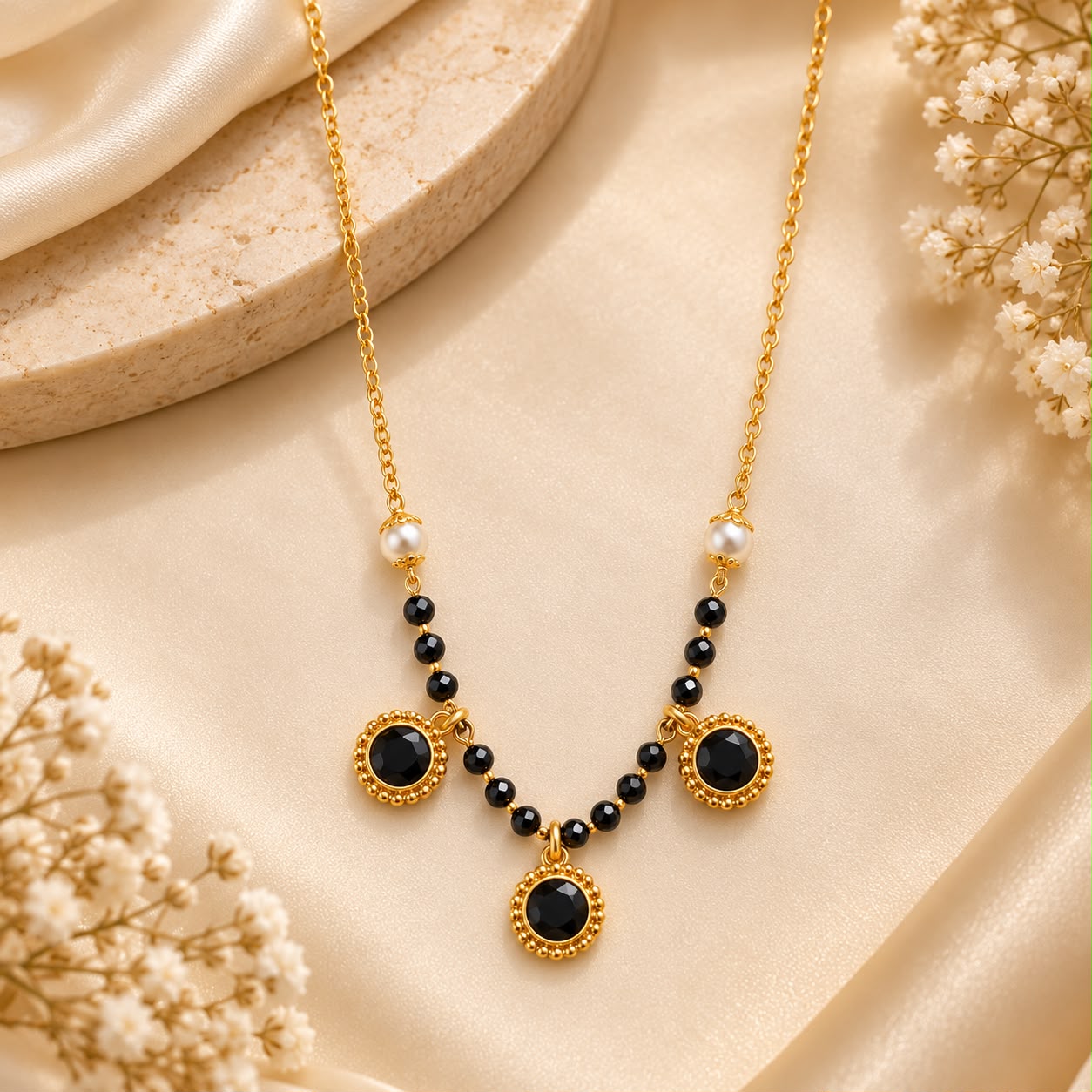 Gold-Tone Black Beaded Mangalsutra with Triple Black Stone Pendant