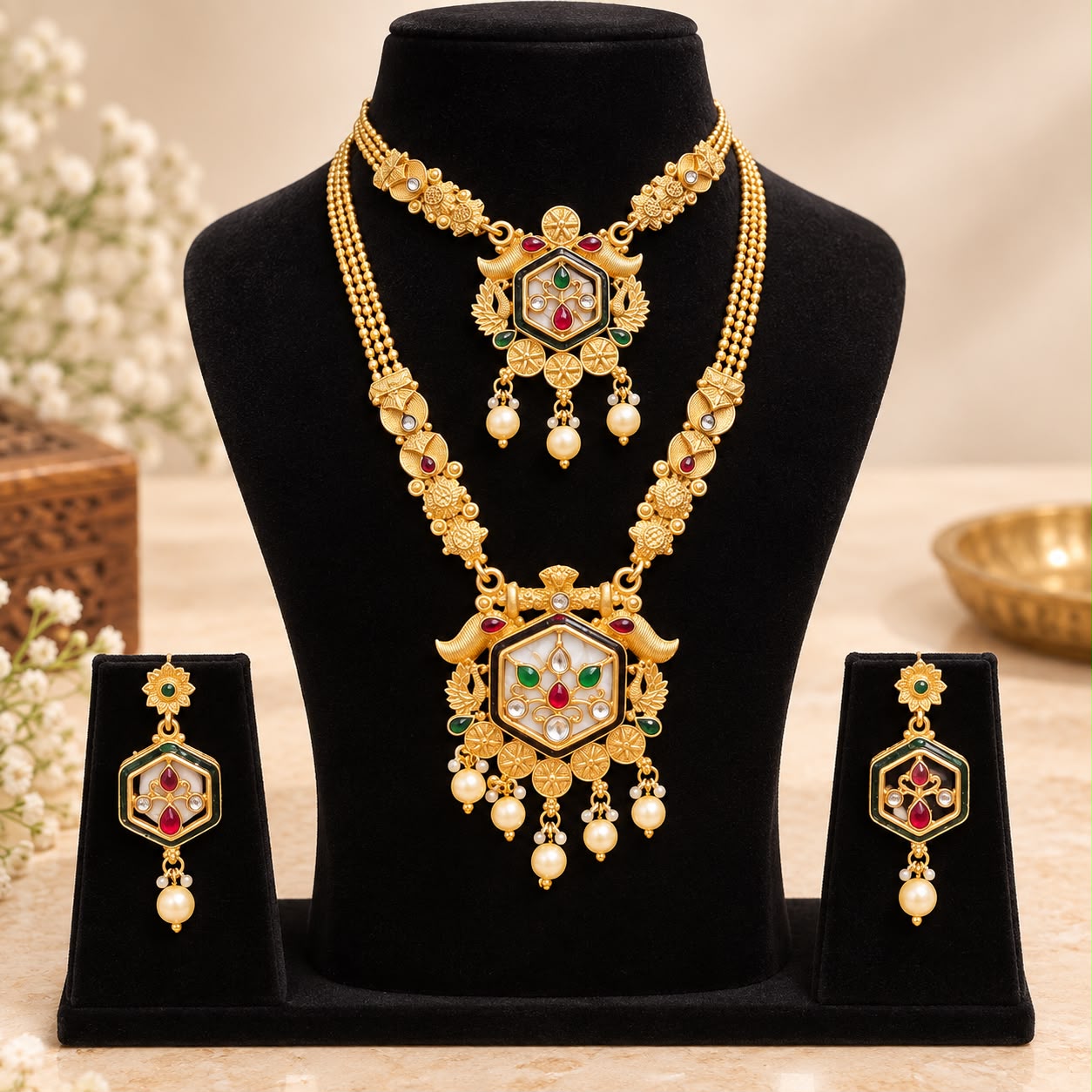 Product Name: Royal Kundan Meenakari Long Necklace Set with Earrings