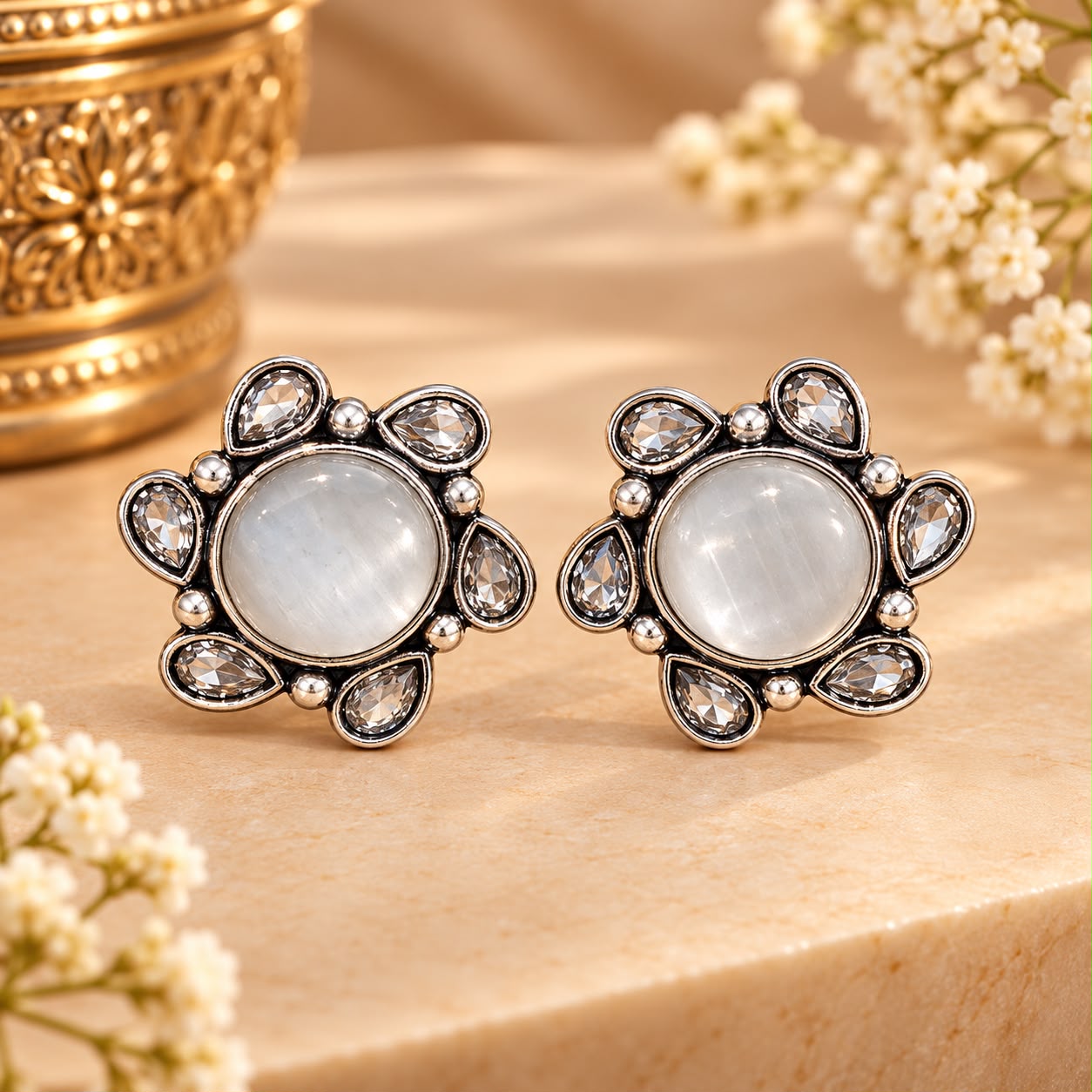 Elegant White Stone Floral Stud Earrings