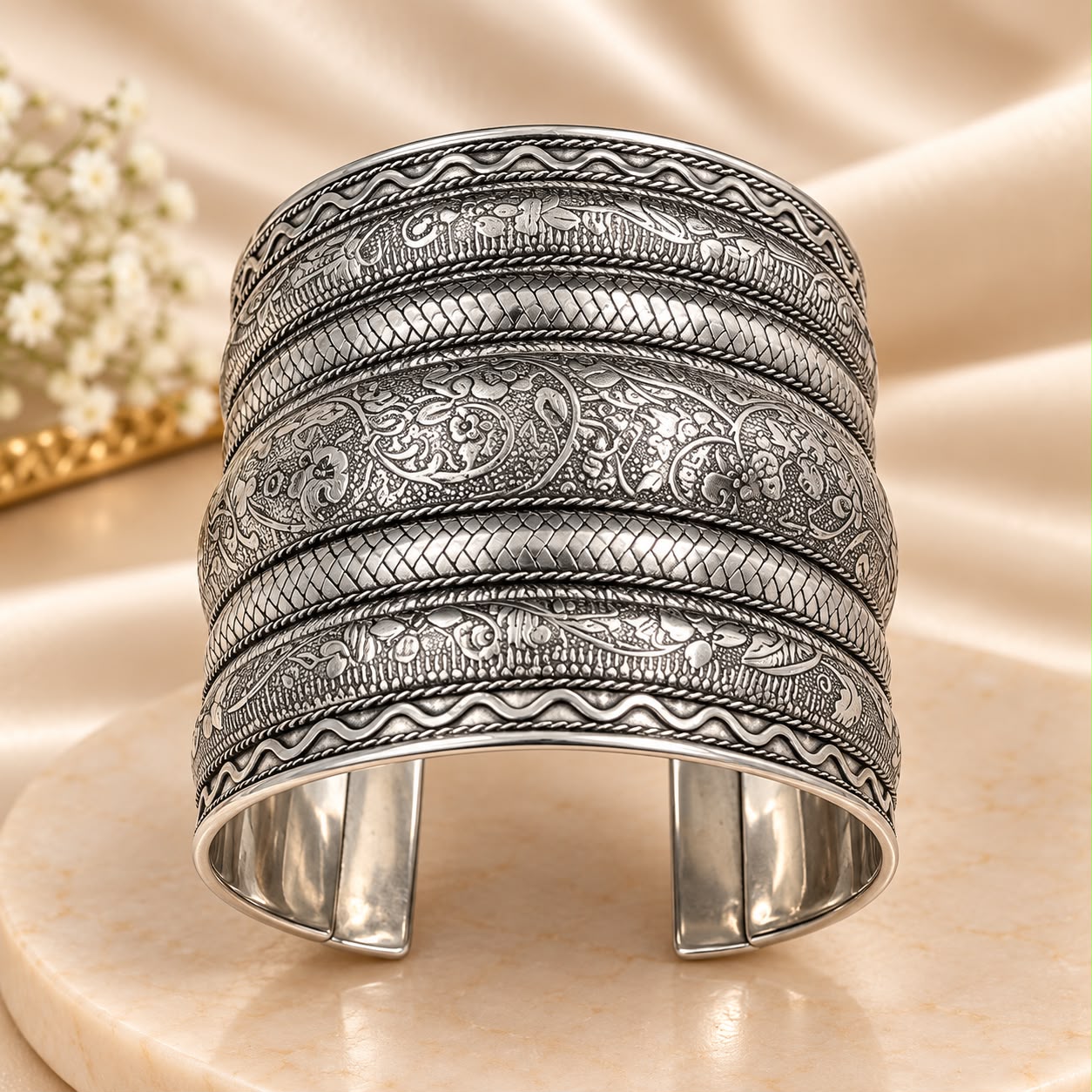 Oxidised Silver Engraved Statement Cuff Kada