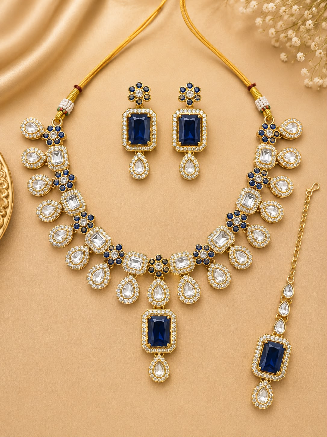 Royal Sapphire Blue Kundan Necklace Set with Earrings & Maang Tikka