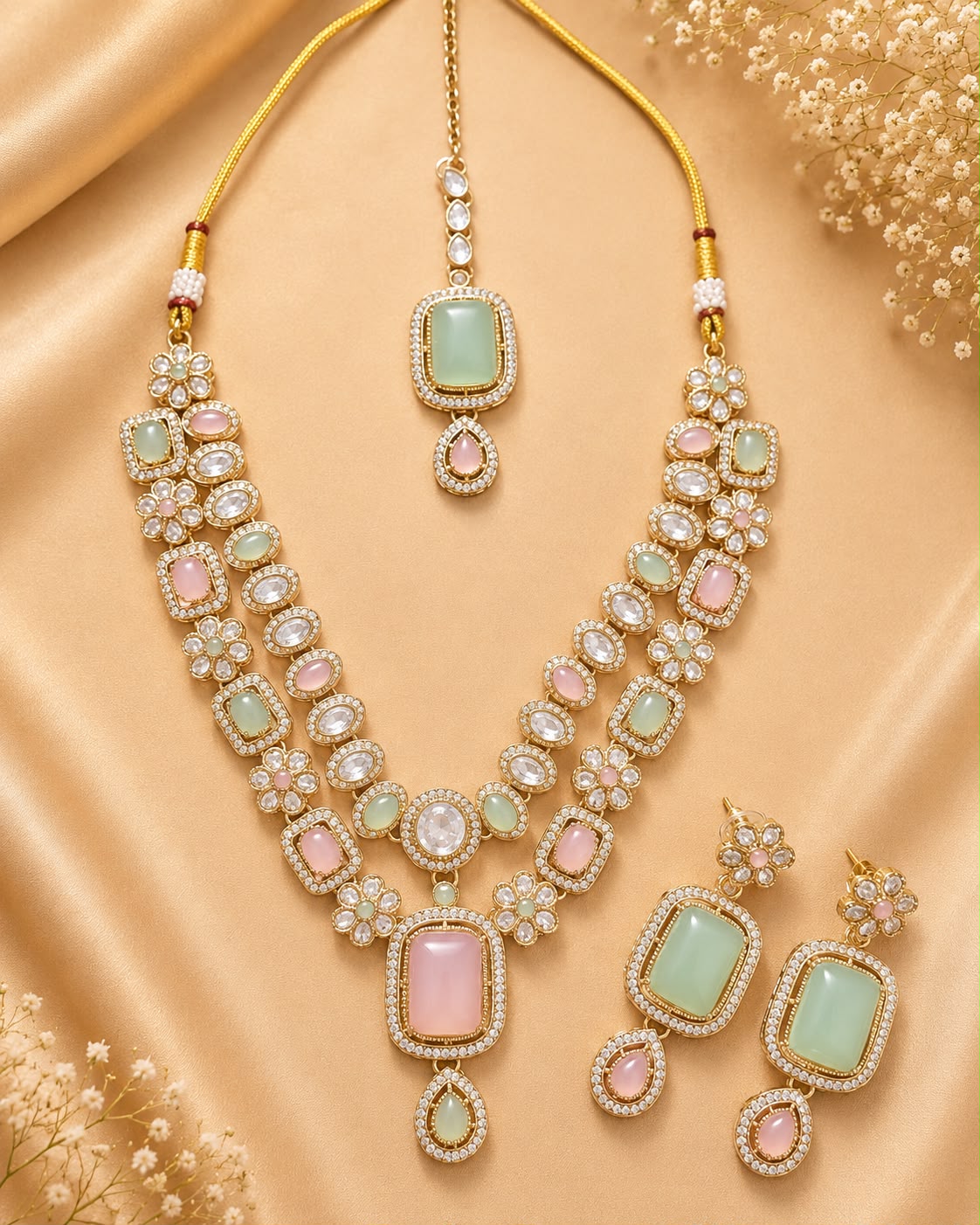 Pastel Mint & Blush Kundan Necklace Set with Earrings & Maang Tikka