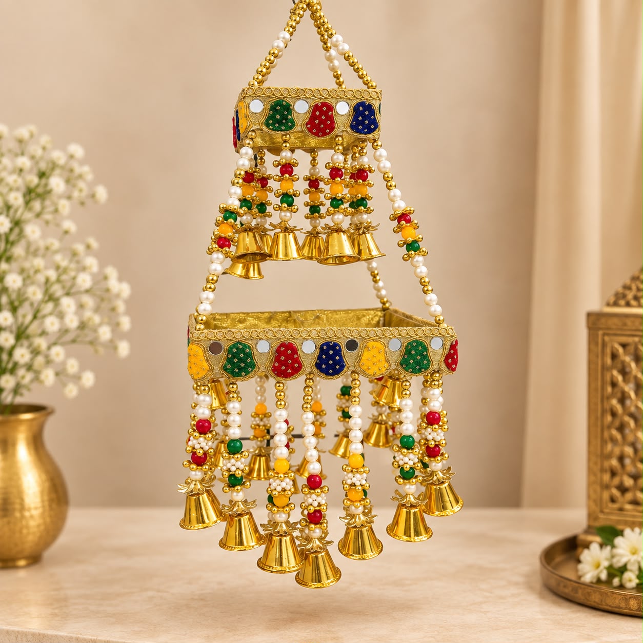 Product Name: Multicolour Beaded Golden Bell Hanging Latkan