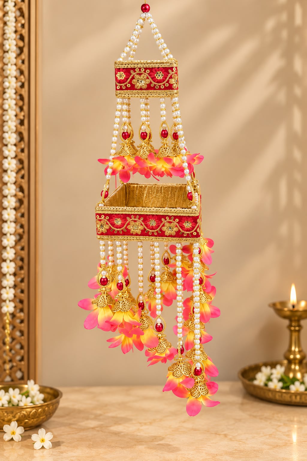 Product Name: Red Floral Pearl & Golden Bell Hanging Latkan