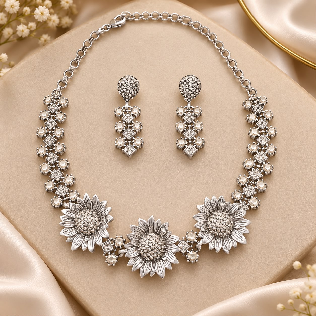 Silver Floral Statement Necklace Set