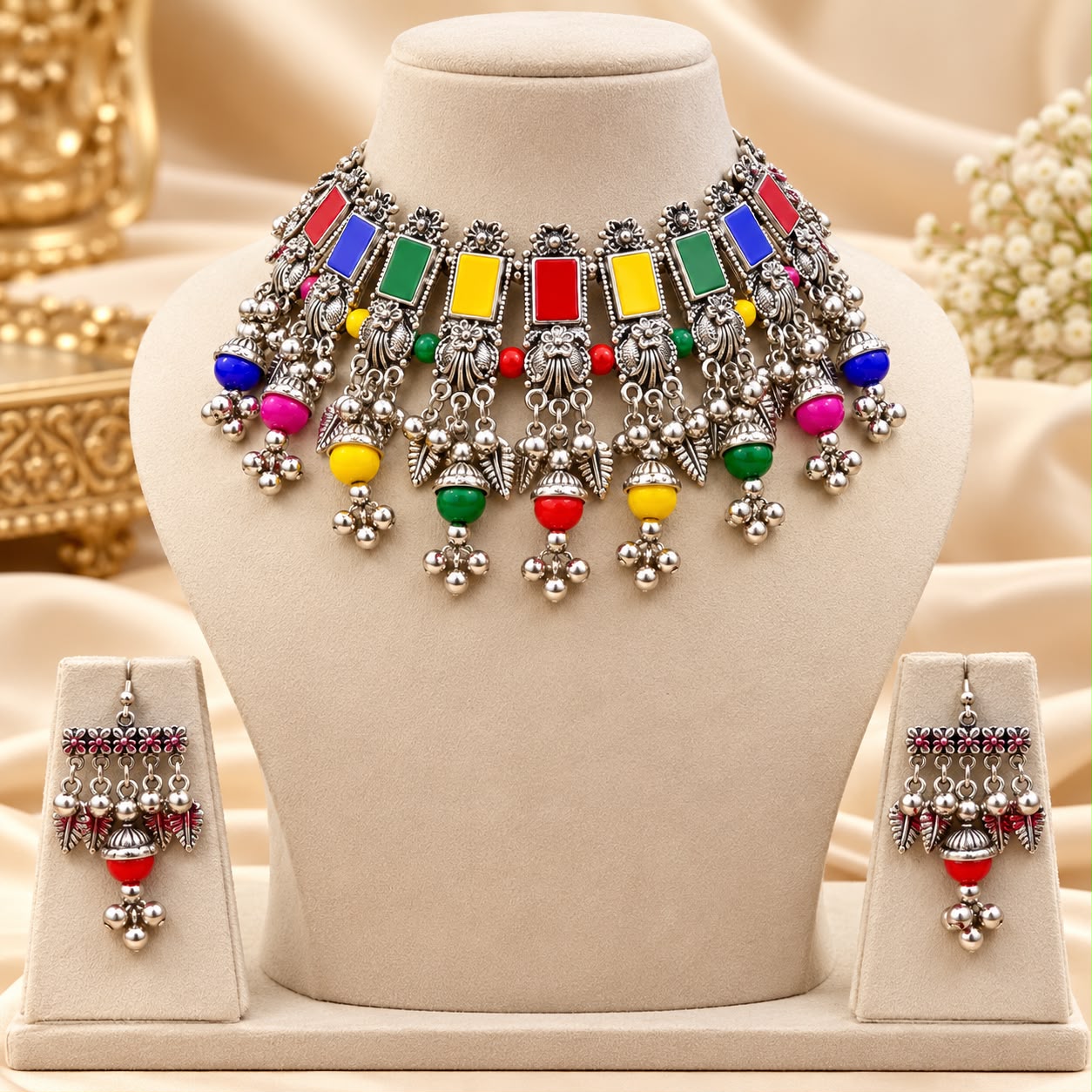 Multicolor Oxidised Choker Necklace Set with Earrings