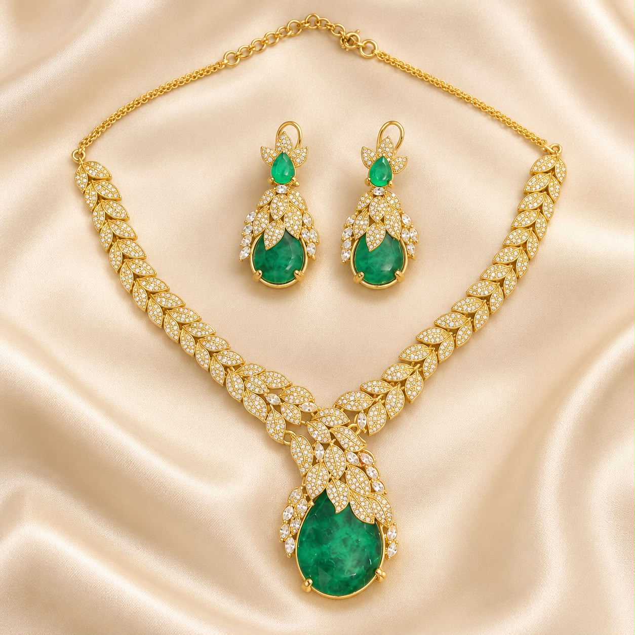 Emerald Green Leaf Design Gold-Tone Necklace Set