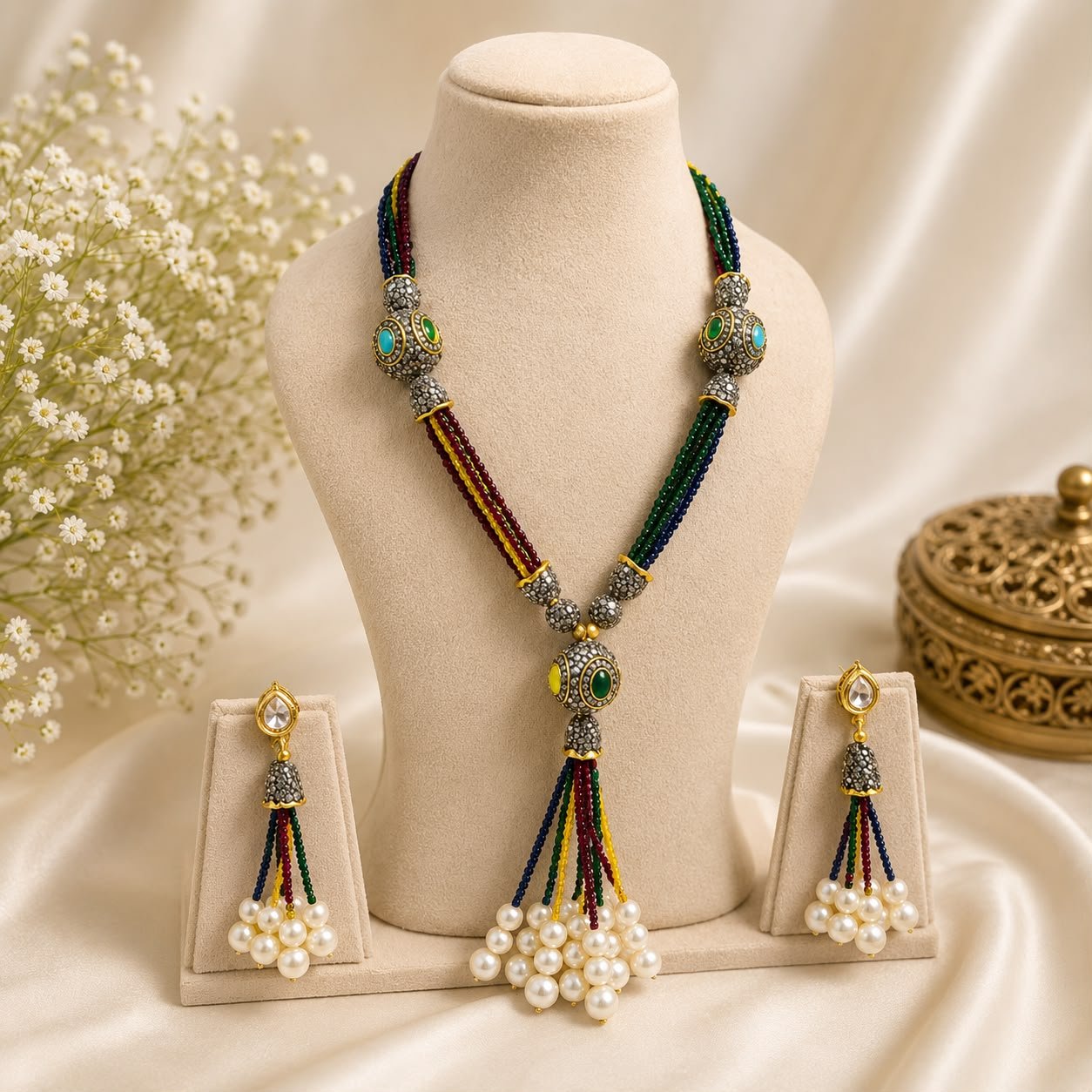 Royal Navratna Pearl Tassel Necklace Set