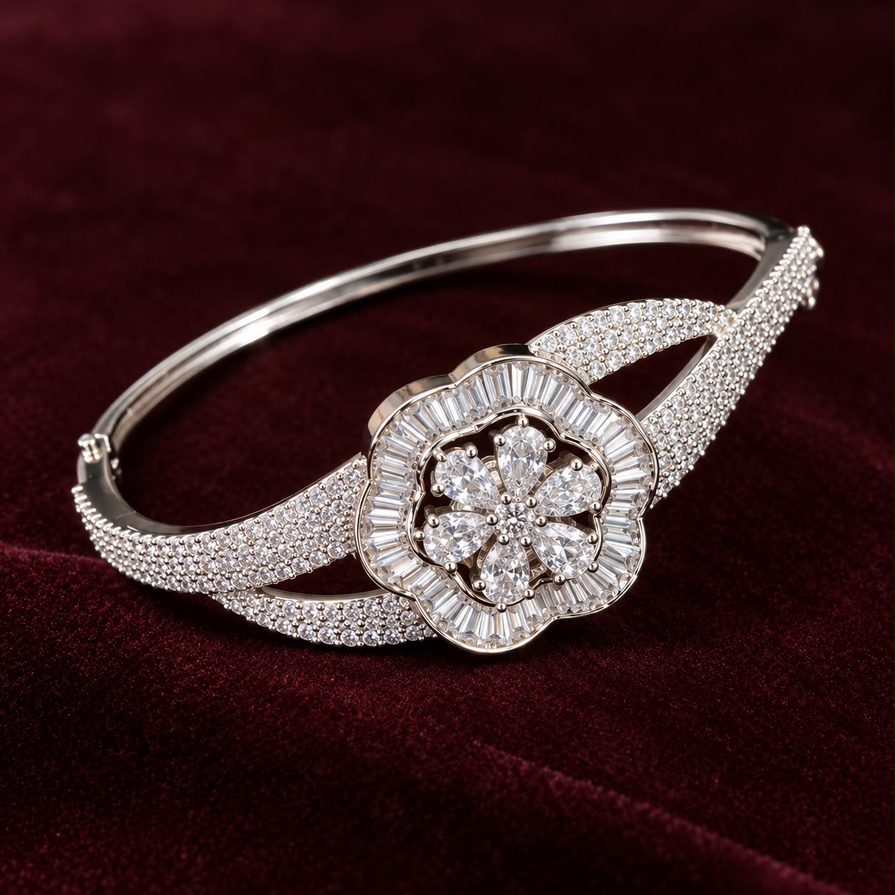 Product Name: Silver Floral Bloom CZ Statement Bangle