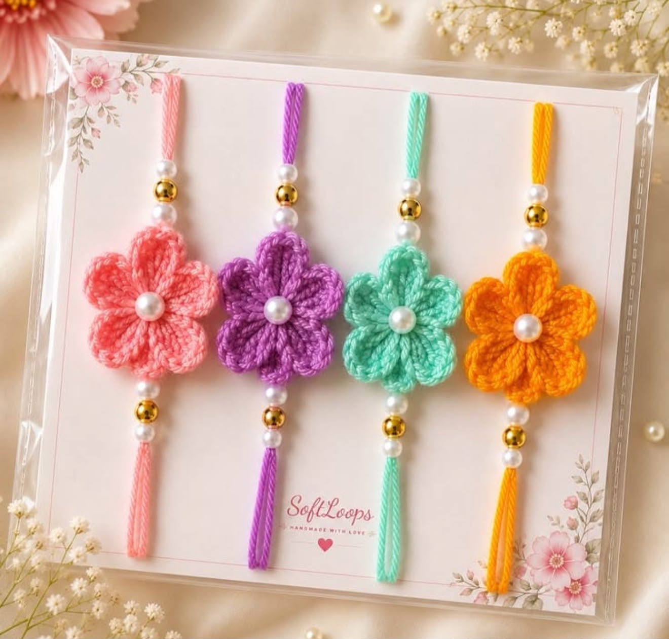 Product Name: Handmade Crochet Flower Rakhi with Pearl Beads