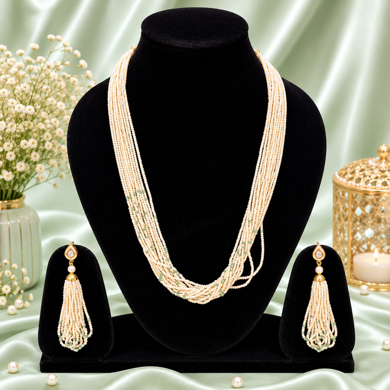 Elegant Multi-Layer Pearl Tassel Necklace Set – Mint White