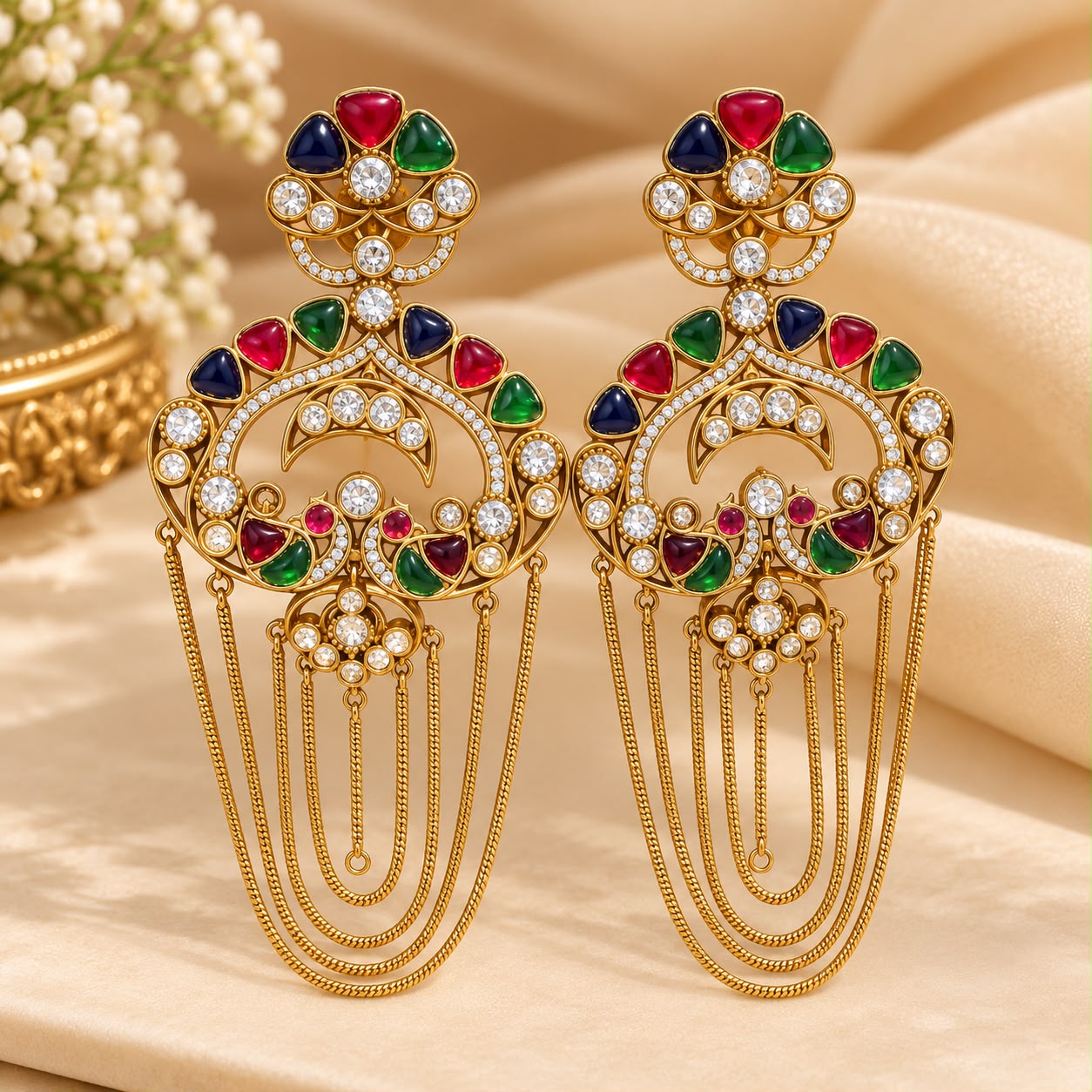 Multicolour Stone Gold-Tone Long Chain Statement Earrings