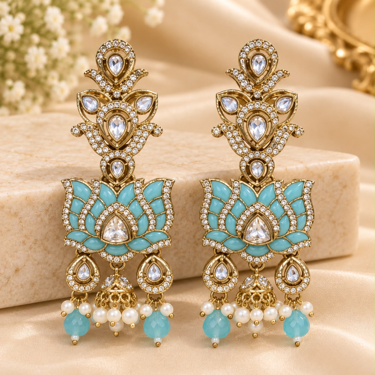 Aqua Blue Lotus Gold-Tone Kundan Style Statement Earrings