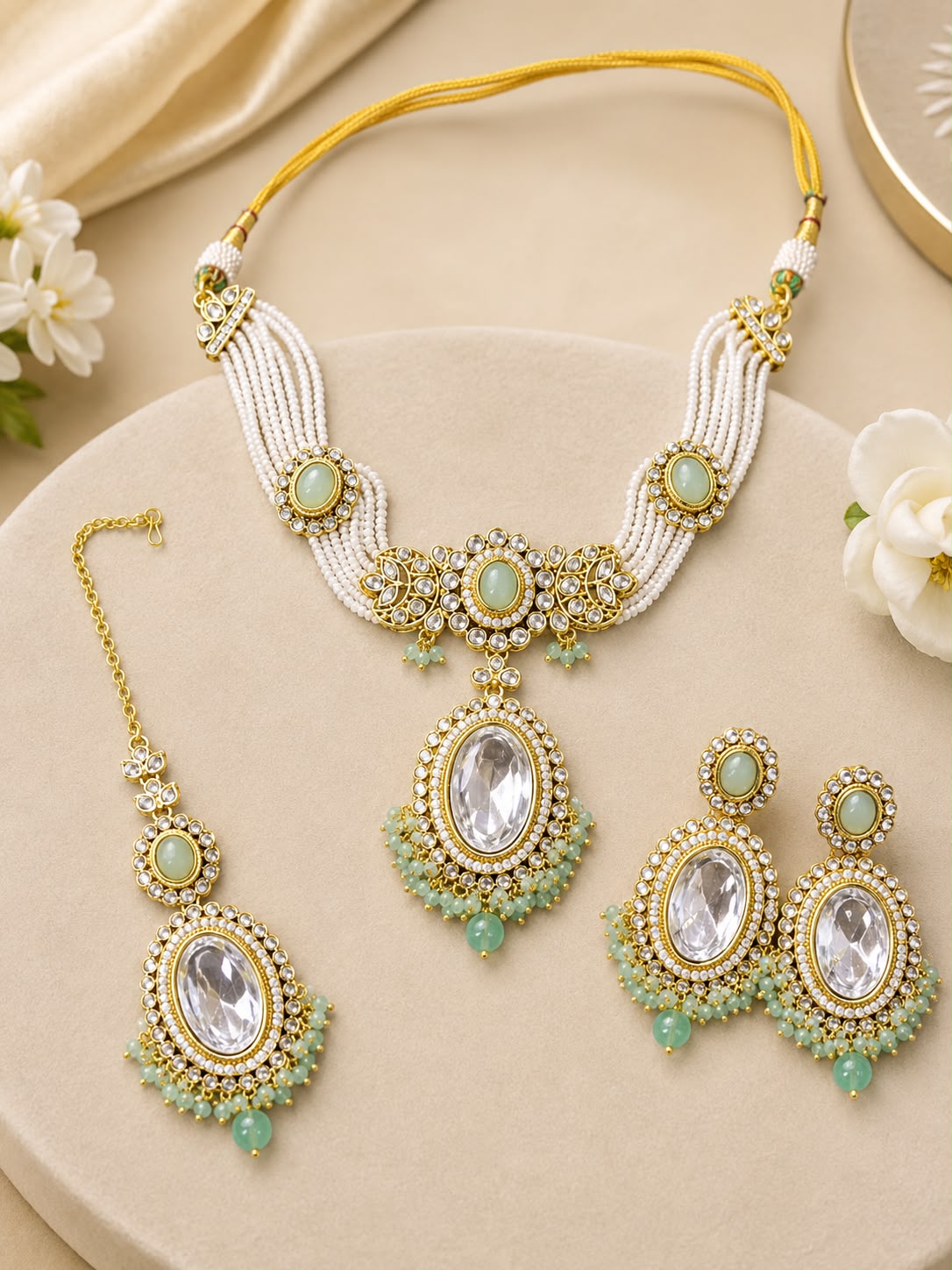 Mint Green Kundan Pearl Choker Set with Earrings & Maang Tikka