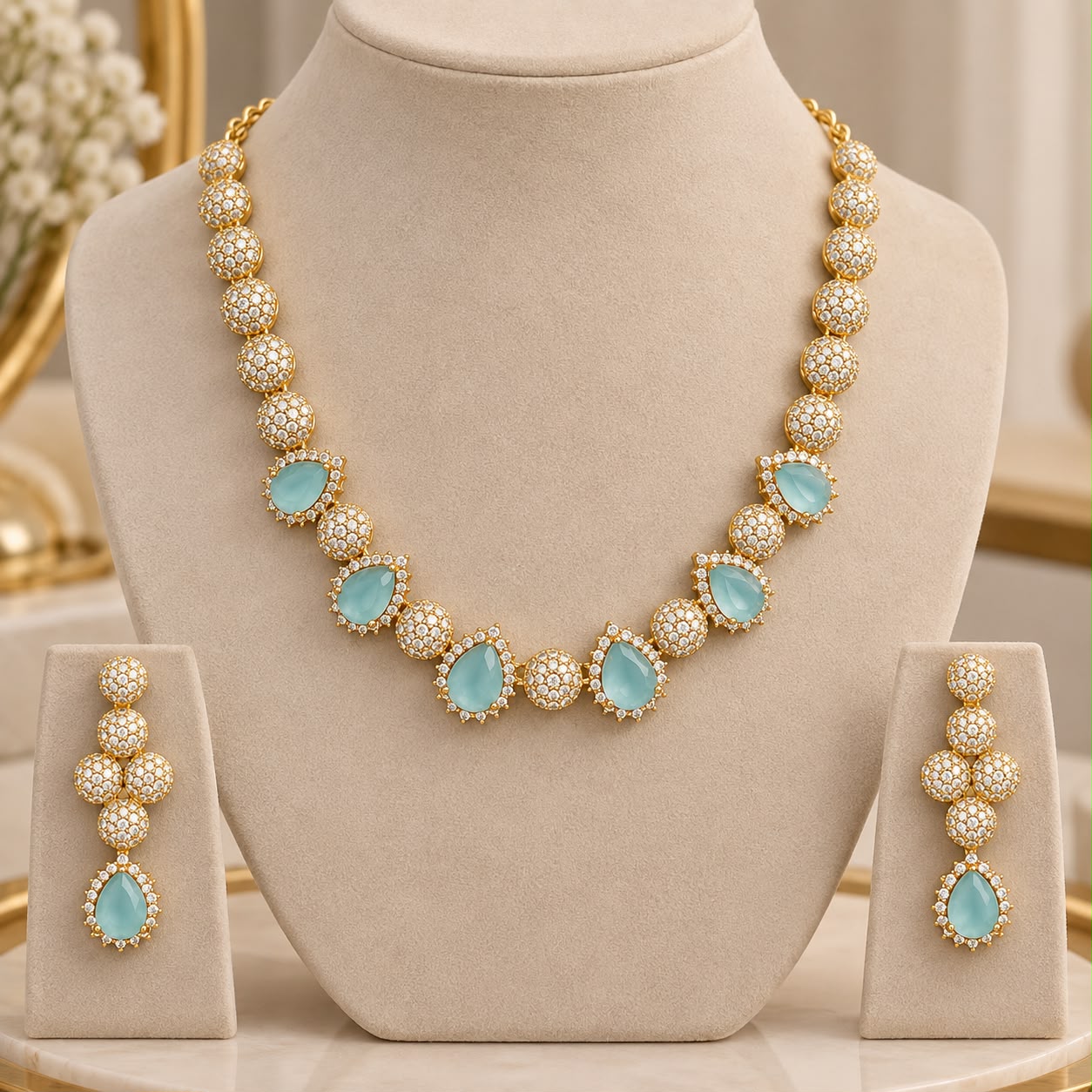 Product Name: Gold Tone AD Aqua Blue Necklace & Earrings Set