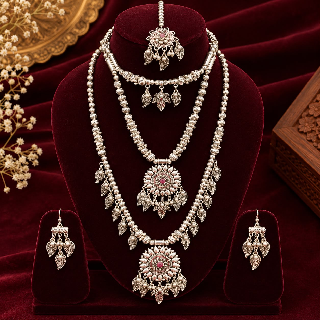 Oxidised Silver Leaf Pendant Necklace Set
