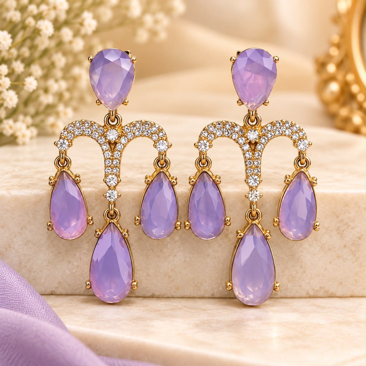 Lavender Crystal Gold-Tone Statement Drop Earrings