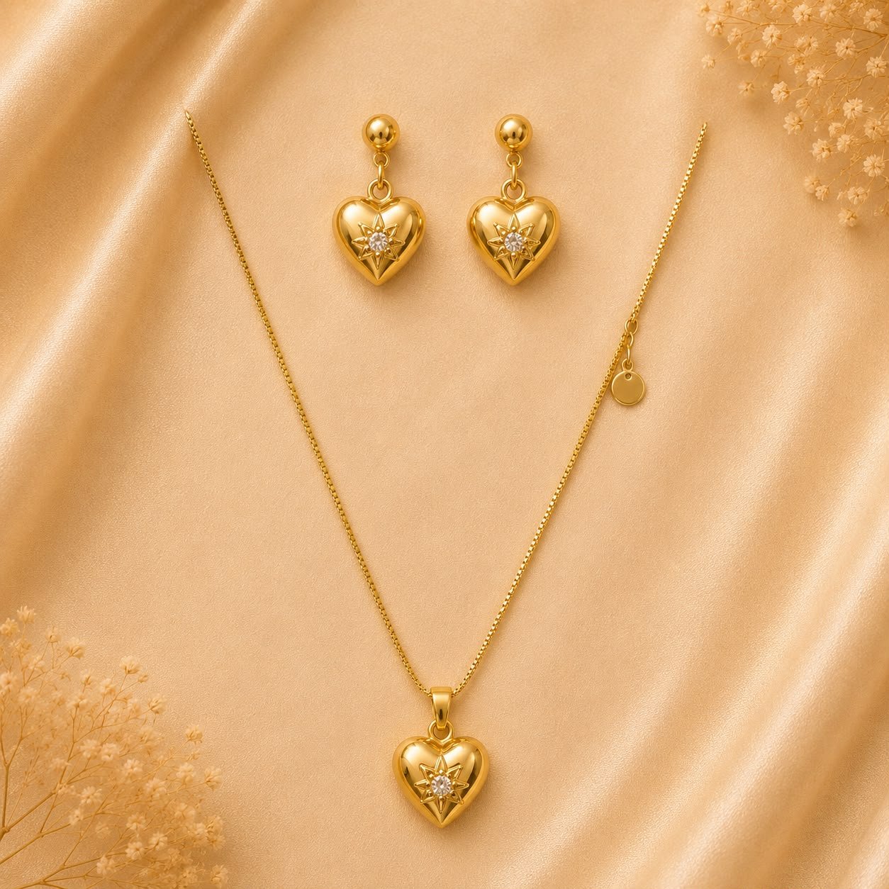 Product Name: Golden Heart Starburst Pendant & Earrings Set