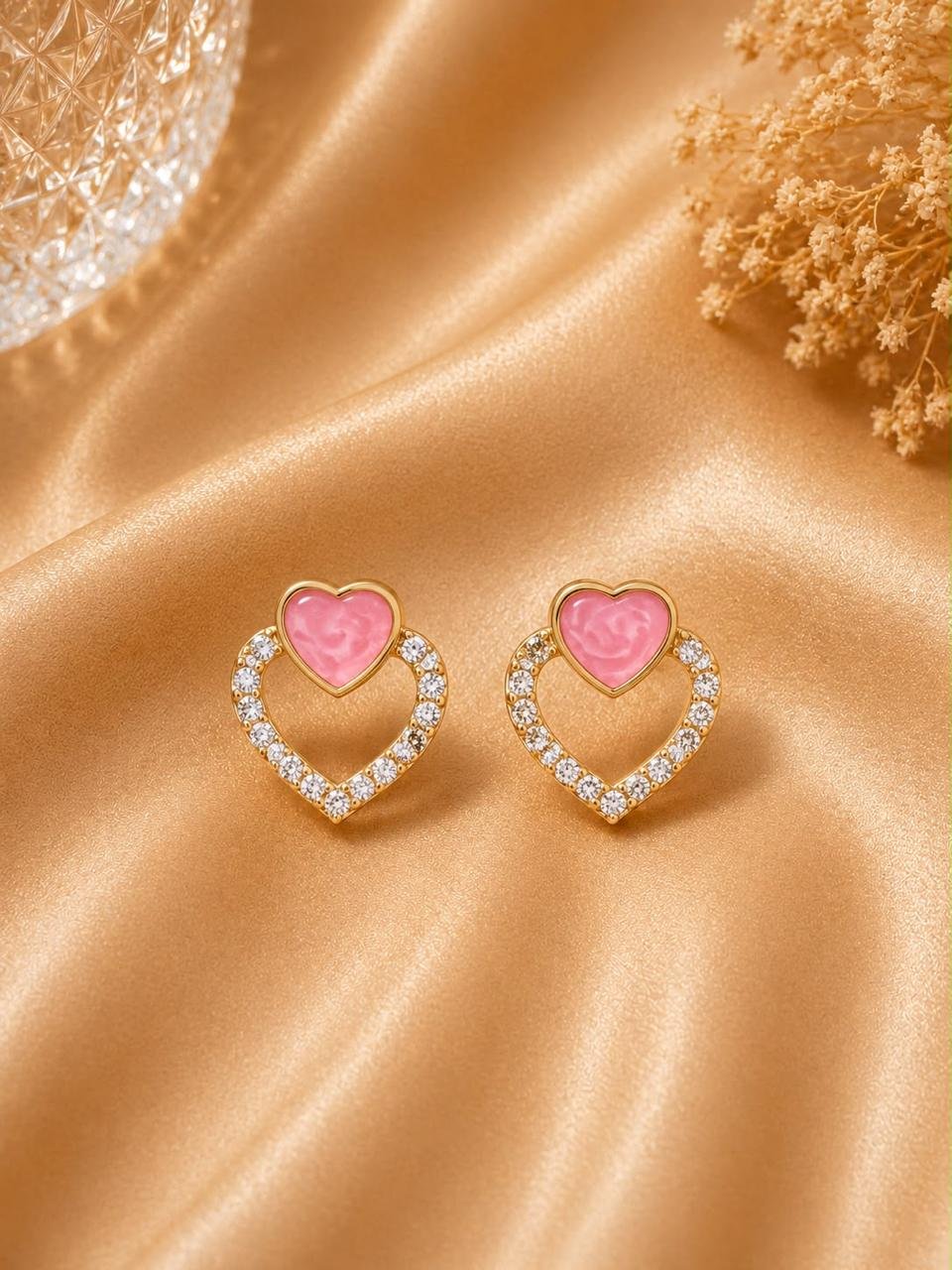 Pink Heart Crystal Drop Earrings