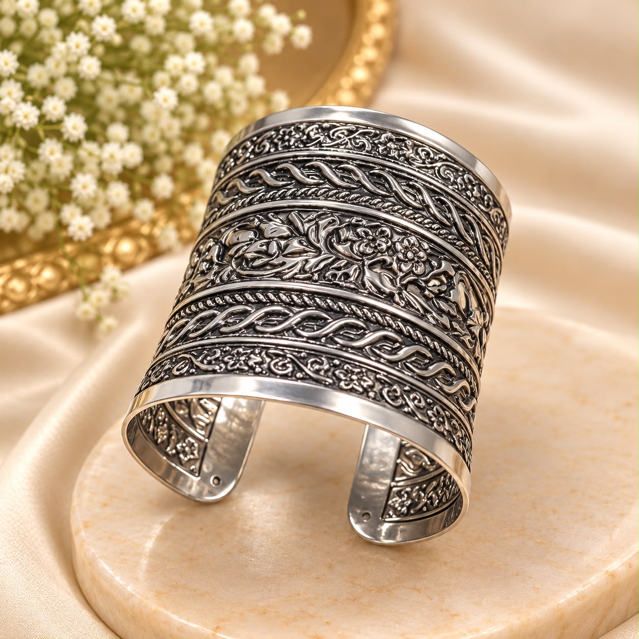 Oxidised Silver Floral Engraved Statement Cuff Kada