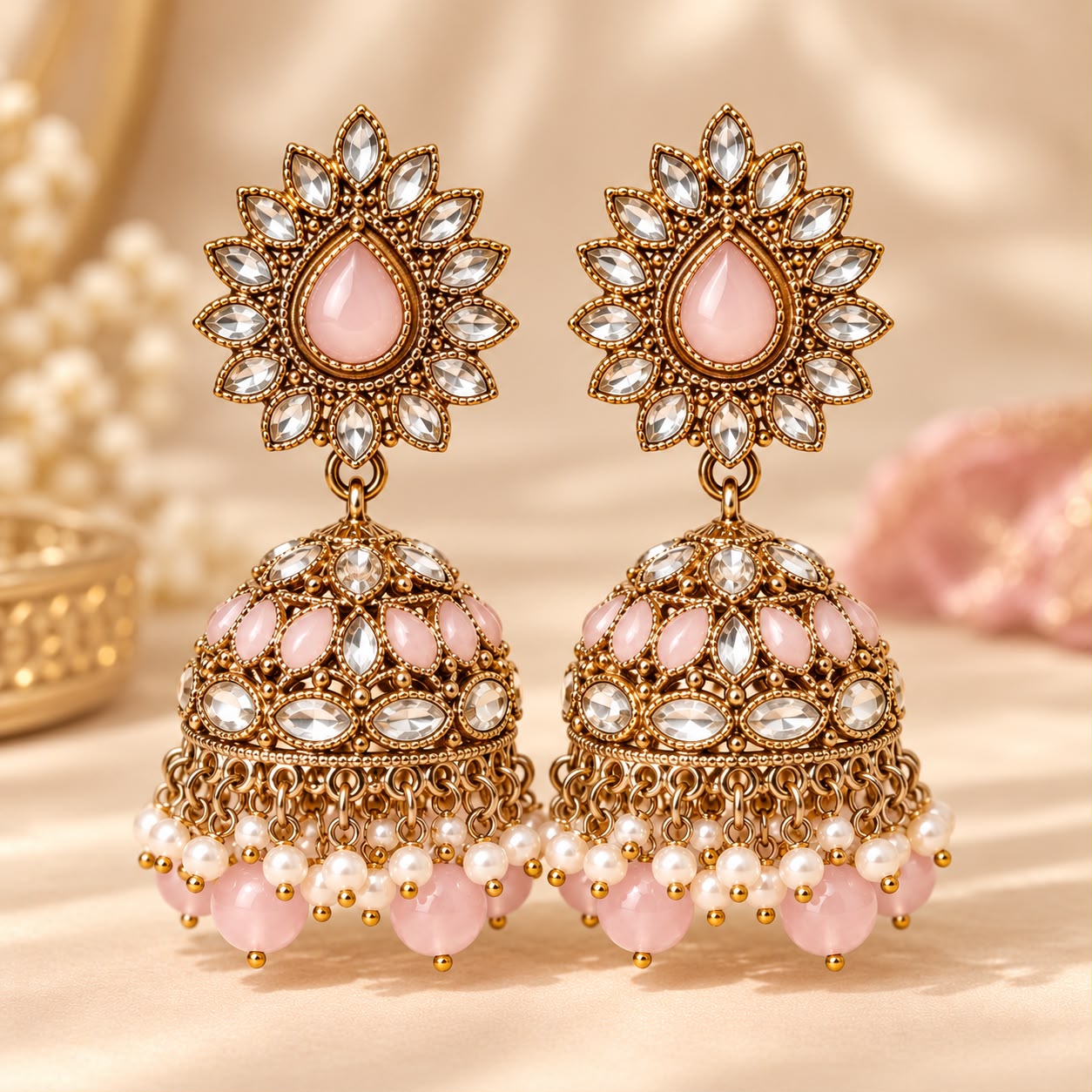 Royal Pink Stone Kundan Jhumka Earrings