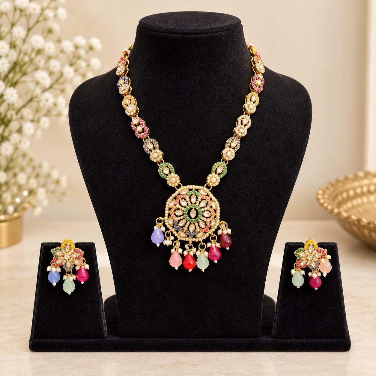 Product Name: Multicolor Kundan Pearl Drop Necklace Set